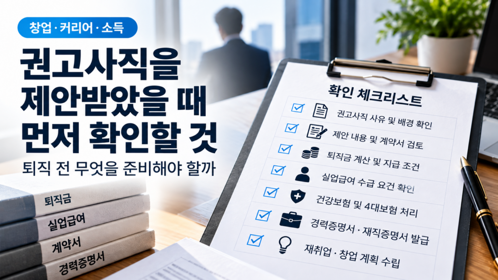 권고사직 제안 시 확인해야 할 퇴직 사유, 계약서, 퇴직금, 실업급여 및 경력증명서 체크리스트