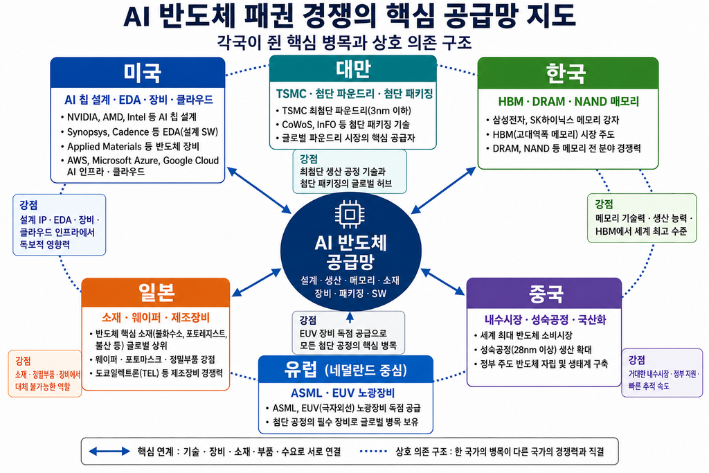 반도체 전쟁과 AI 반도체 패권 경쟁의 핵심 공급망 지도