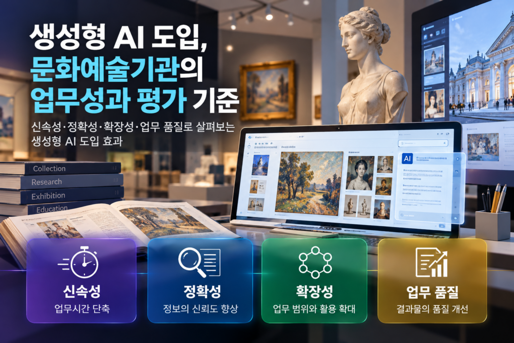 생성형 AI 도입에 따른 문화예술기관 업무성과 평가의 네 가지 기준인 신속성·정확성·확장성·업무 품질을 나타낸 이미지