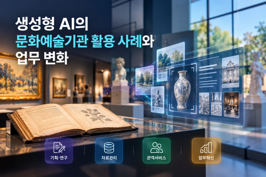 생성형 AI의 문화예술기관 활용 사례와 업무 변화: 미술관의 기획·연구, 자료관리, 관객서비스를 표현한 이미지