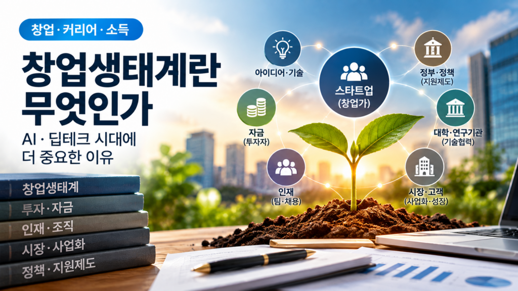 창업생태계의 주요 구성요소인 창업가, 투자자, 인재, 대학·연구기관, 정부·정책, 시장·고객의 상호연결 구조