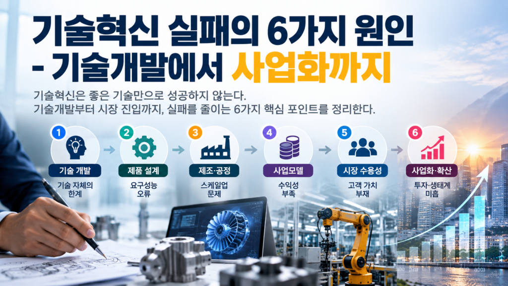 기술혁신 실패의 6가지 원인과 기술개발부터 사업화까지의 주요 단계