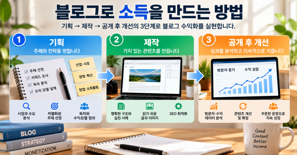 블로그 수익화 과정을 기획, 제작, 공개 후 개선의 3단계로 정리한 도표