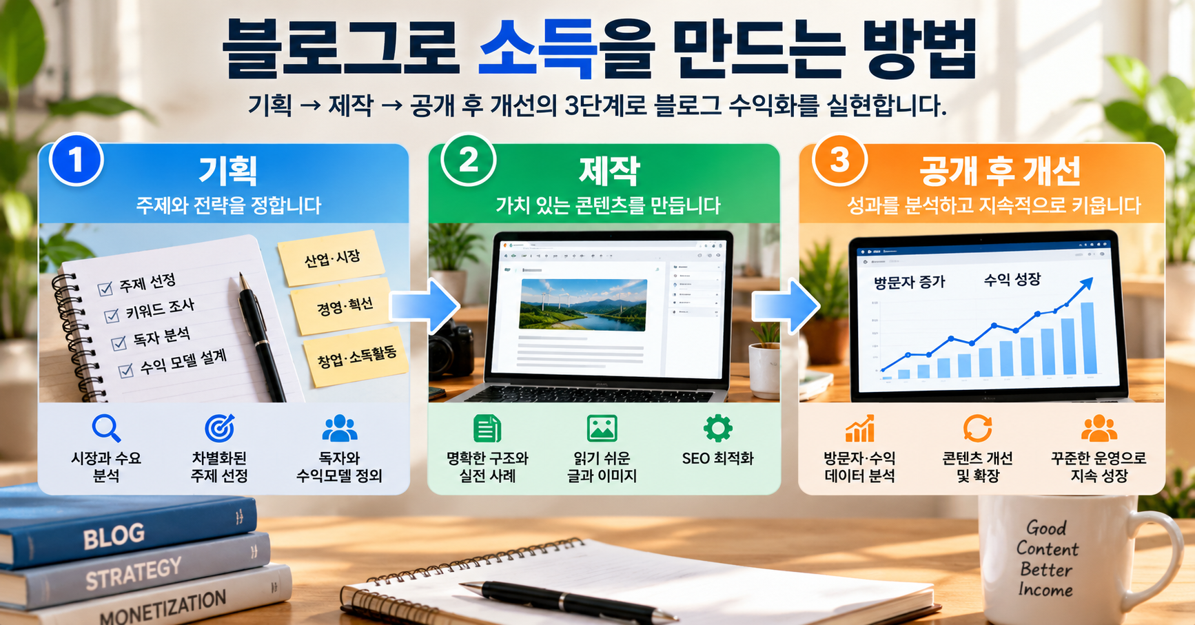 블로그로 소득을 만드는 방법: 주제·검색어 선정부터 AI 활용 글쓰기, 공개 후 개선까지