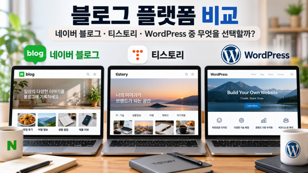 네이버 블로그·티스토리·WordPress의 로고와 블로그 화면을 나란히 배치한 블로그 플랫폼 비교 이미지
